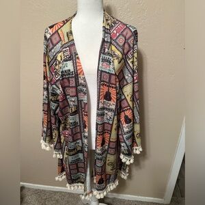 Double D Ranch Multi-Color Graphic Open Front Tunic with Tassels; Size L